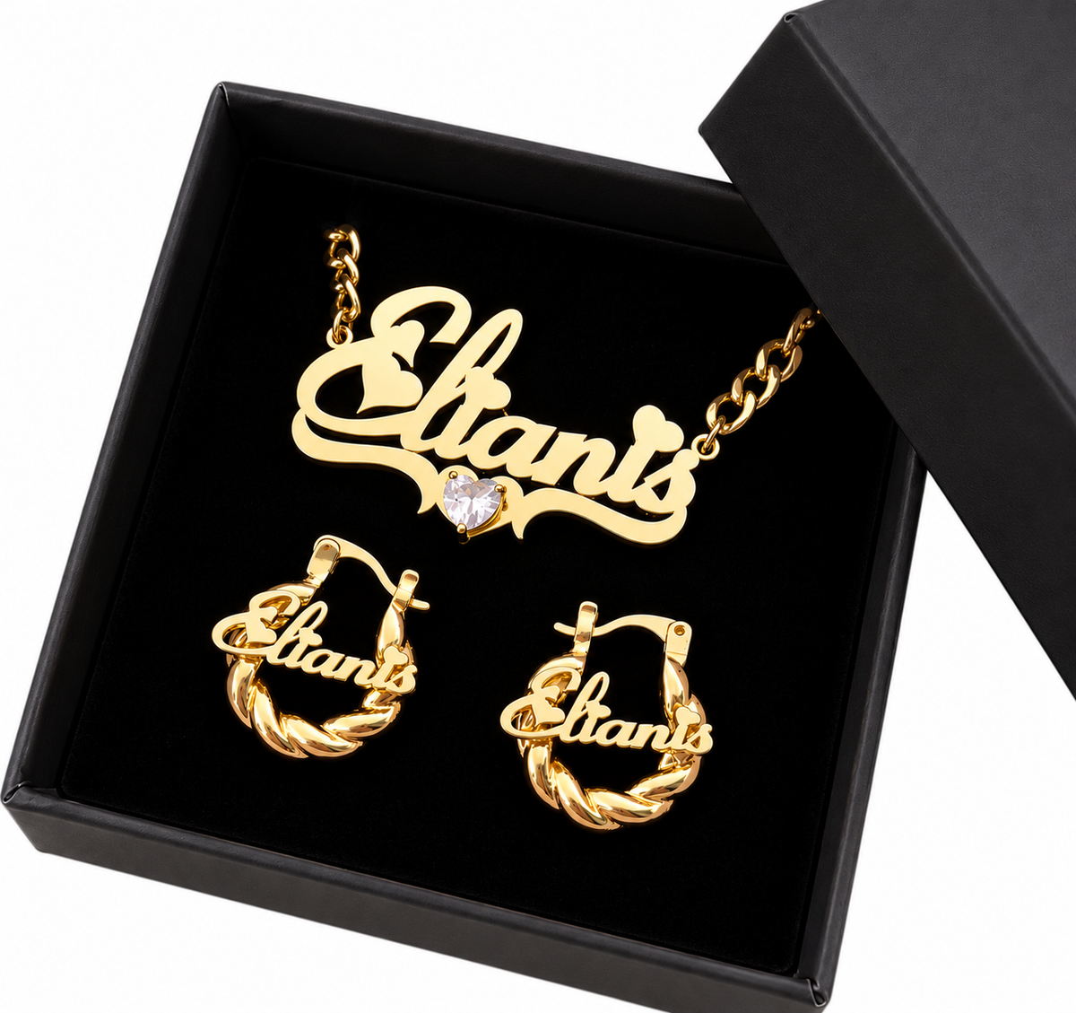 Mini Hoop & Name Necklace Heart Set