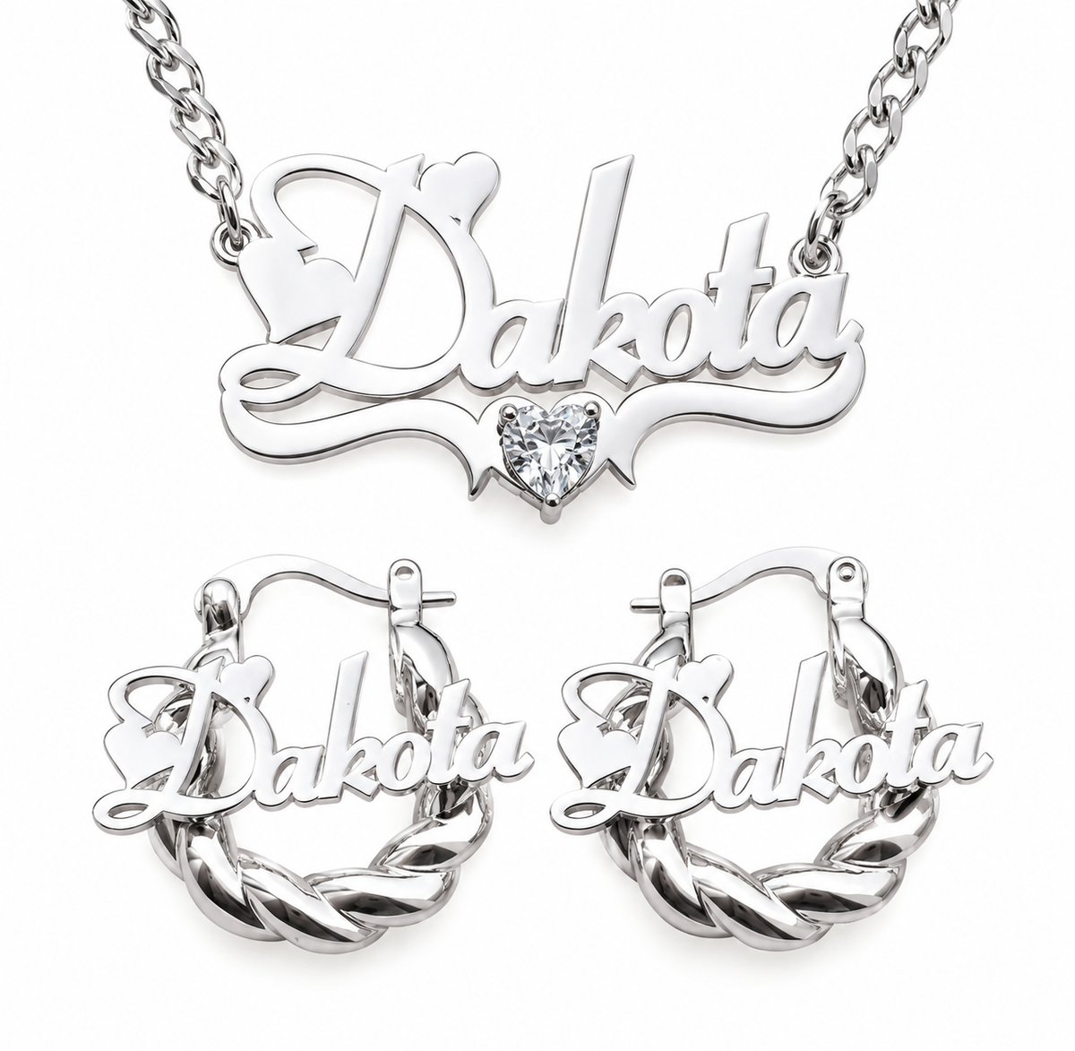 Mini Hoop & Name Necklace Heart Set