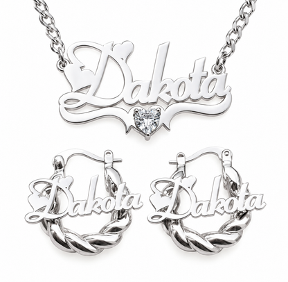Mini Hoop & Name Necklace Heart Set