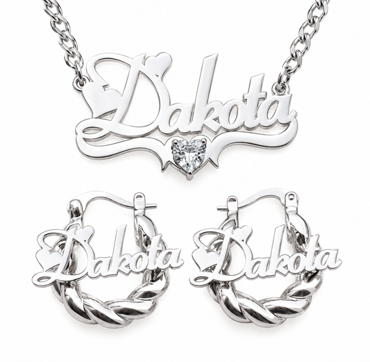 Mini Hoop & Name Necklace Heart Set